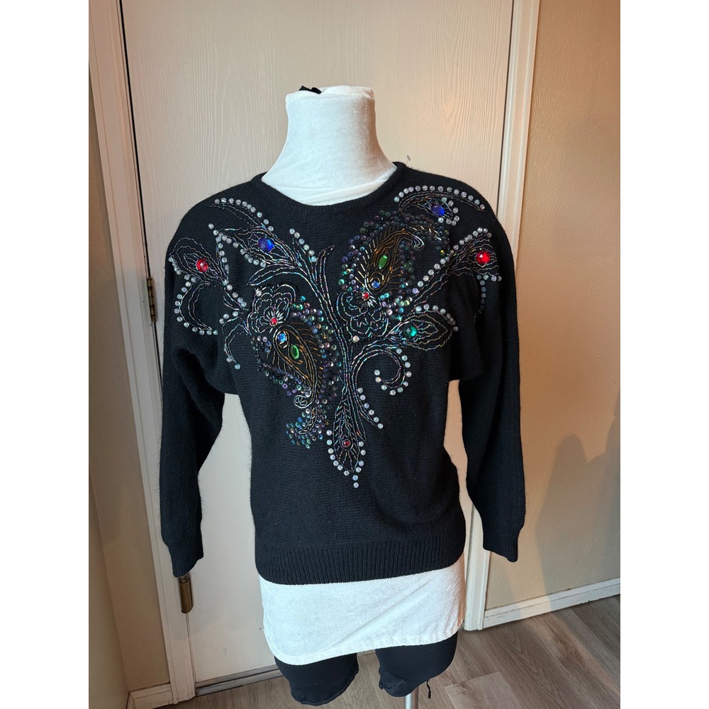 Vintage le pull-over by Irene Leung Silk Angora Beaded Sweater Black Small